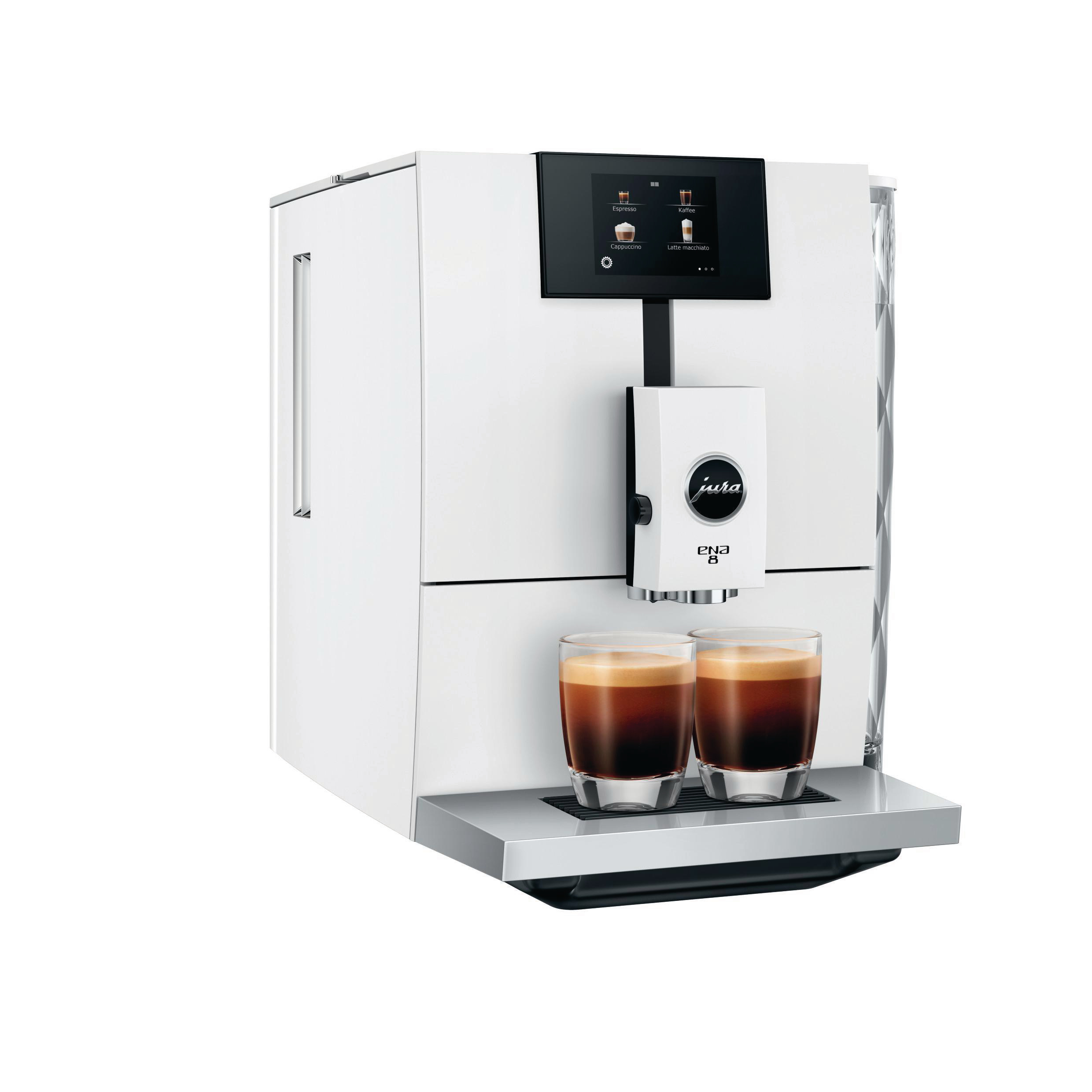 Weiße Jura ENA 8 Kaffeemaschine mit zwei Espressotassen und Touchscreen.