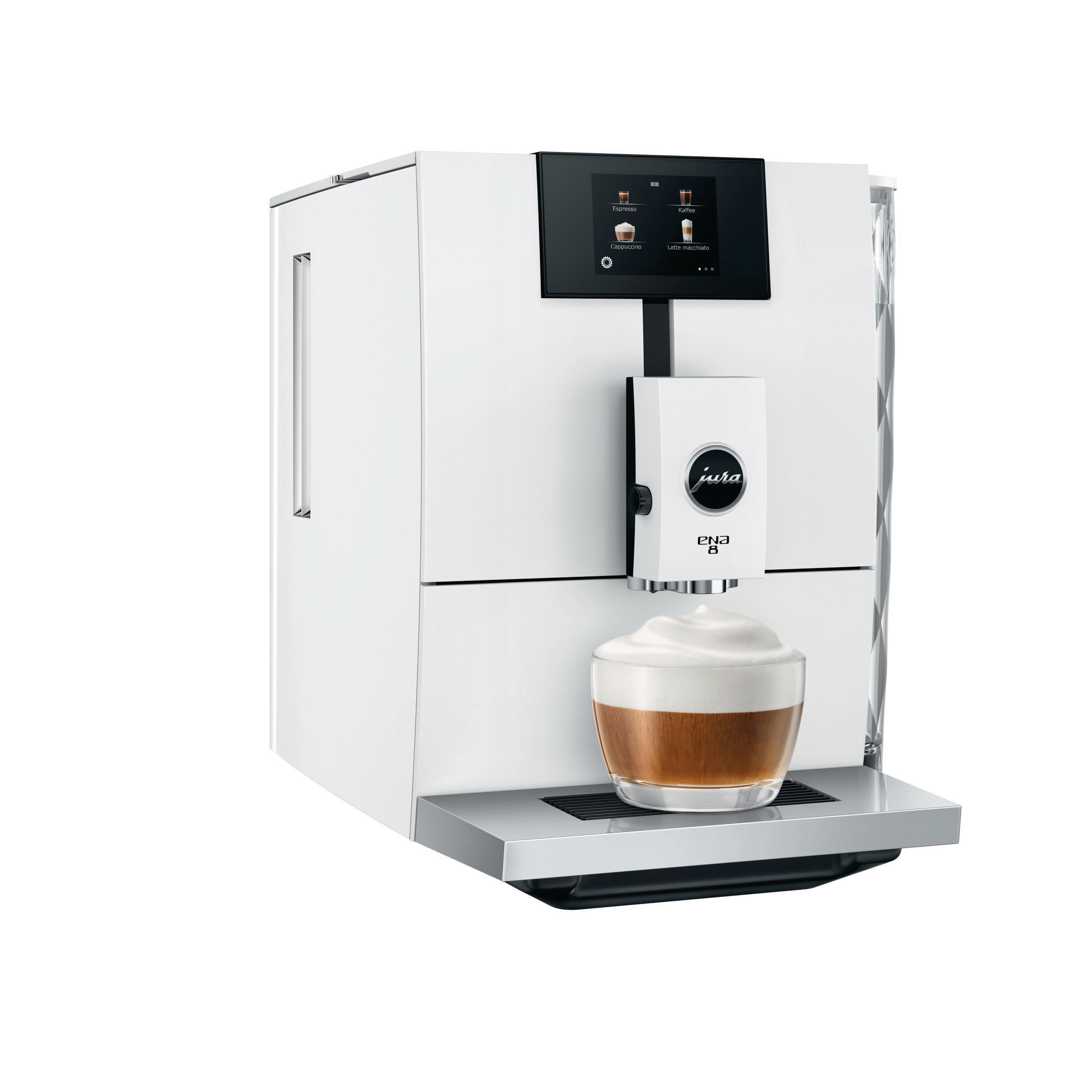 Eine weiße Jura Kaffeemaschine mit einer Kaffeetasse. Der Bildschirm zeigt Brühoptionen.