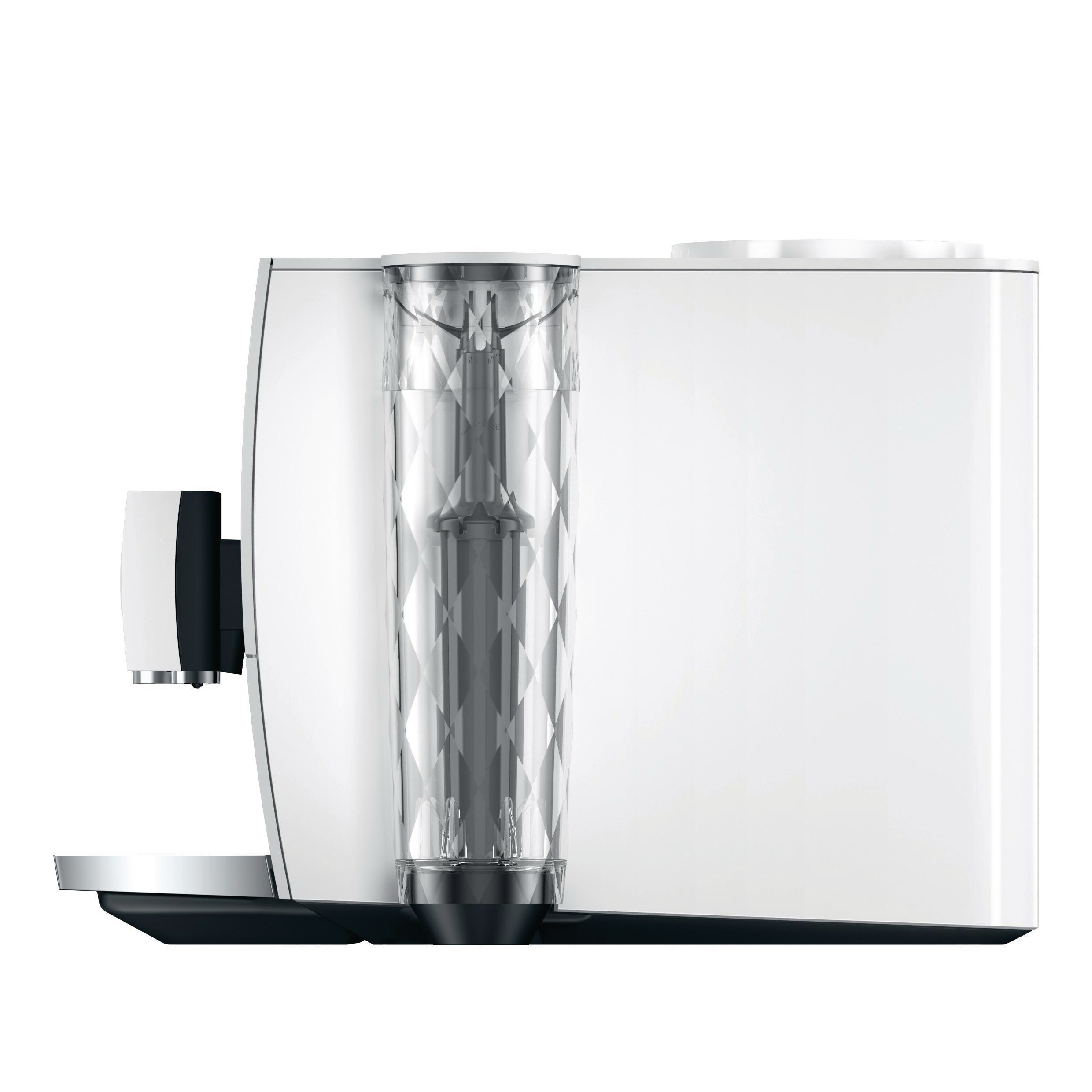 Weiße Kaffeemaschine mit transparentem Wasserbehälter und schwarzer Düse.