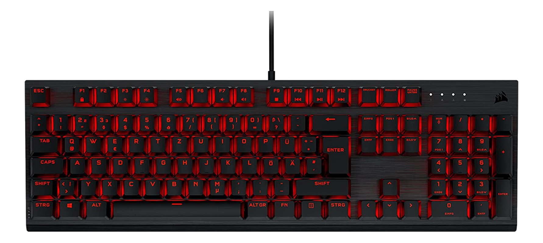 Schwarze Tastatur mit rot hinterleuchteten Tasten. Weiße Buchstaben. Schwarzer Hintergrund.