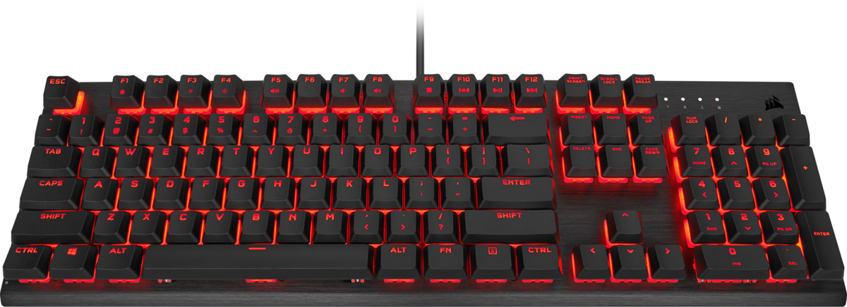Schwarze Tastatur mit rot hinterleuchteten Tasten. Die Tastatur befindet sich auf einer dunklen Oberfläche.