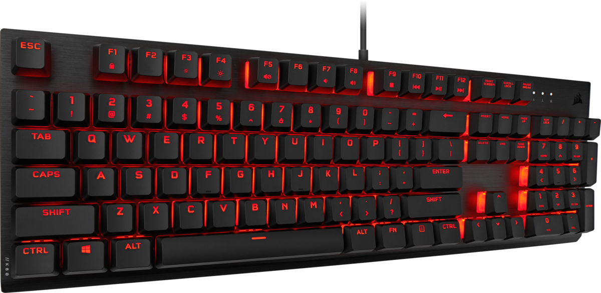 Eine schwarze Gaming-Tastatur mit roter Hintergrundbeleuchtung. Tasten sind beschriftet und beleuchtet.