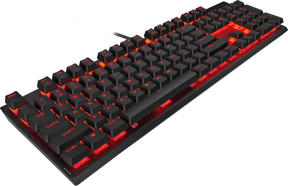 Schwarze Tastatur mit roter Hintergrundbeleuchtung. Die Tasten sind schwarz und beschriftet. Die Tastatur ist abgewinkelt.