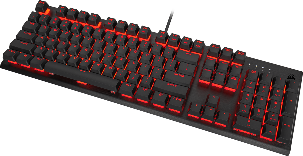 Schwarze Tastatur mit rot beleuchteten Tasten, Draufsicht.
