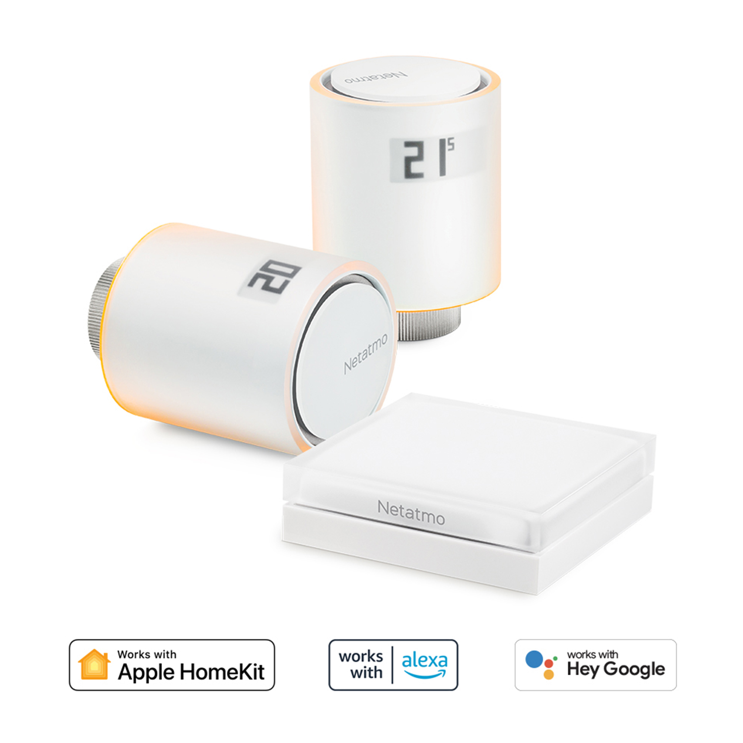 Due dispositivi per termostato intelligente Netatmo bianchi e una base.
