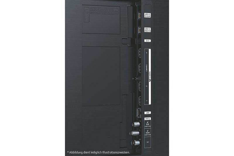 Nahaufnahme einer schwarzen TV-Rückwand mit verschiedenen Anschlüssen, einschließlich HDMI, USB und LAN.
