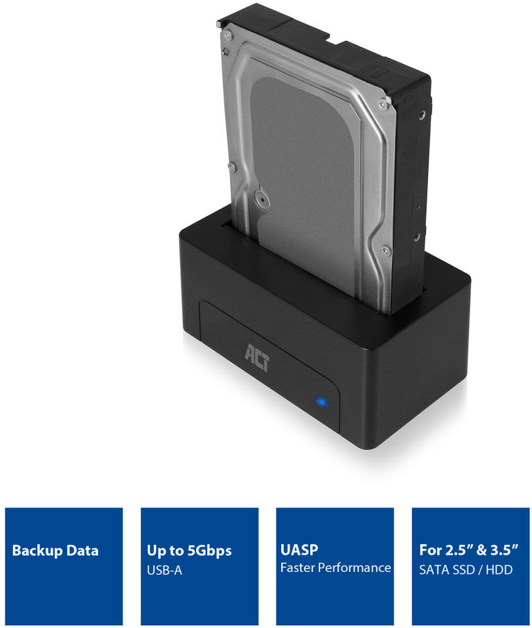 Black external hard drive enclosure with a hard drive inside. Blue light indicates power.