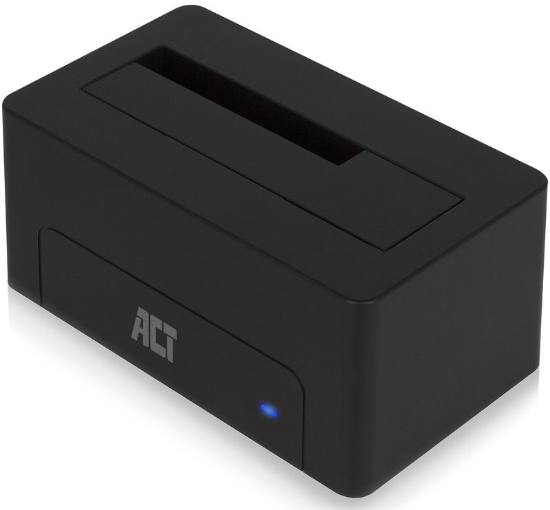 Black hard drive docking station with the 'ACT' logo and a blue light indicator.