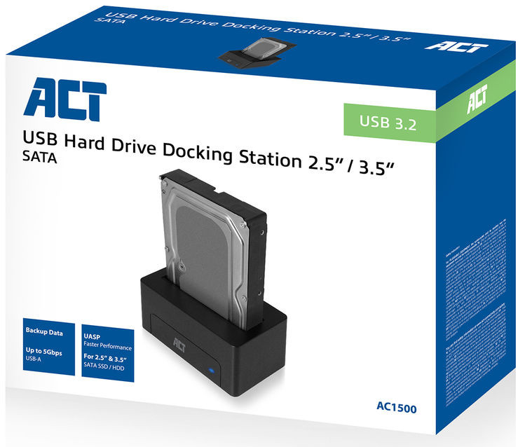 Hard drive docking station in a box. The box is blue and white.
