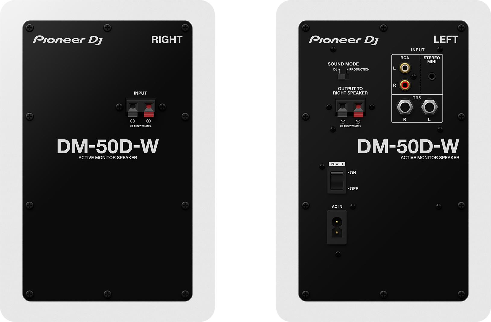 Two Pioneer DJ speaker panels. The left shows inputs and the right shows outputs and controls.
