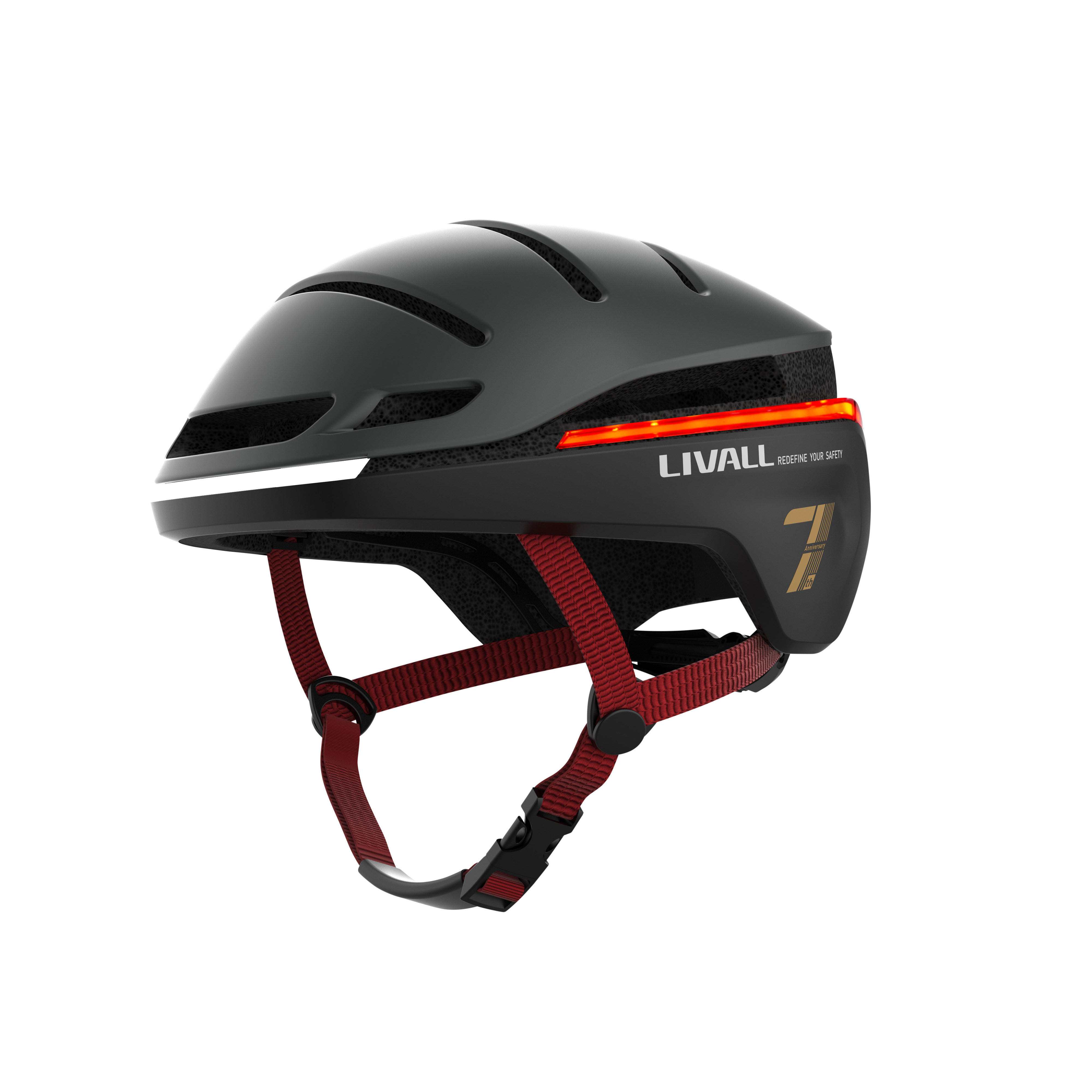 Schwarzer Fahrradhelm mit roten Riemen und roten Lichtern. Er hat einen weißen Lichtstreifen vorne.