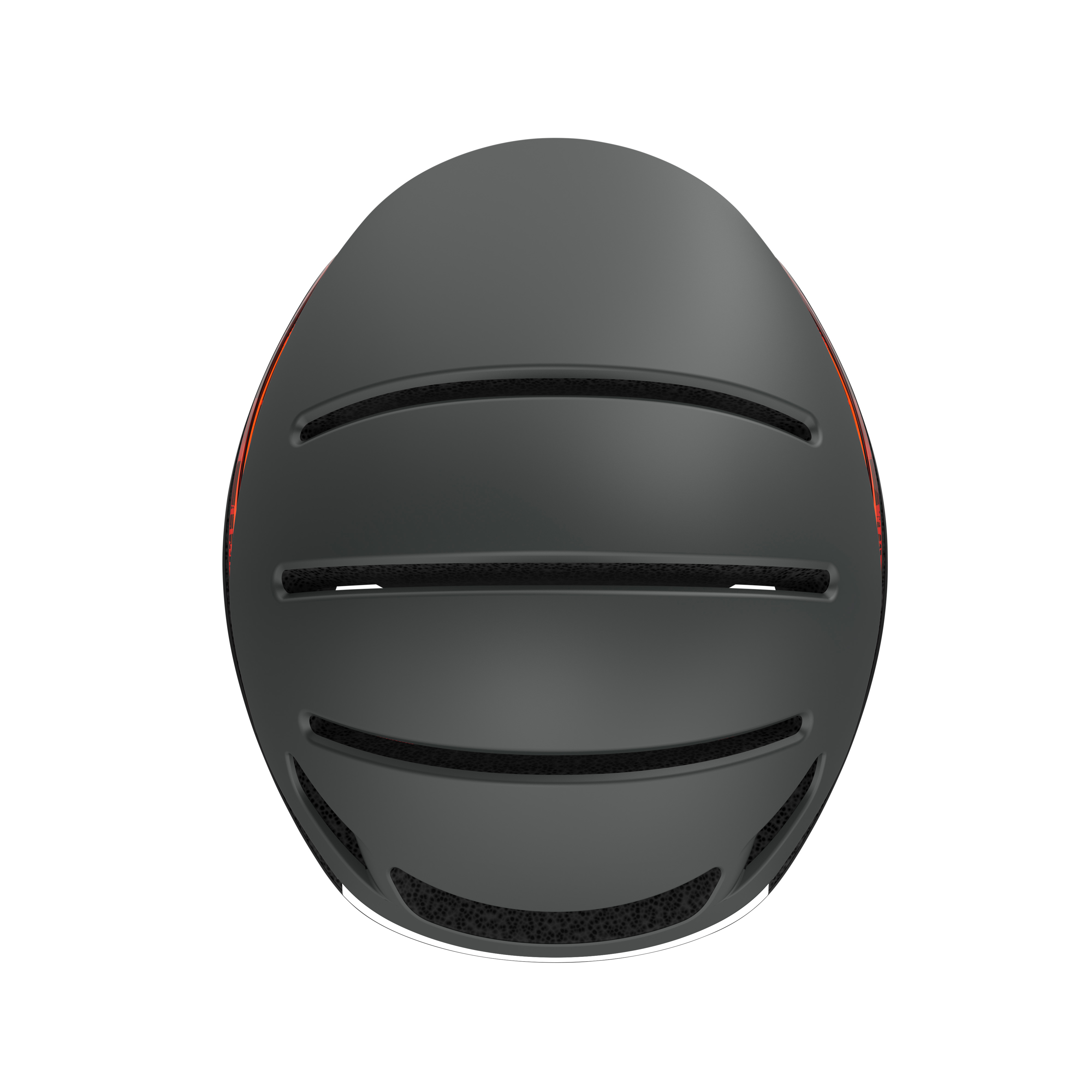 Schwarzer Fahrradhelm mit drei horizontalen Lüftungslinien. Rote und orangefarbene Akzente sind sichtbar.