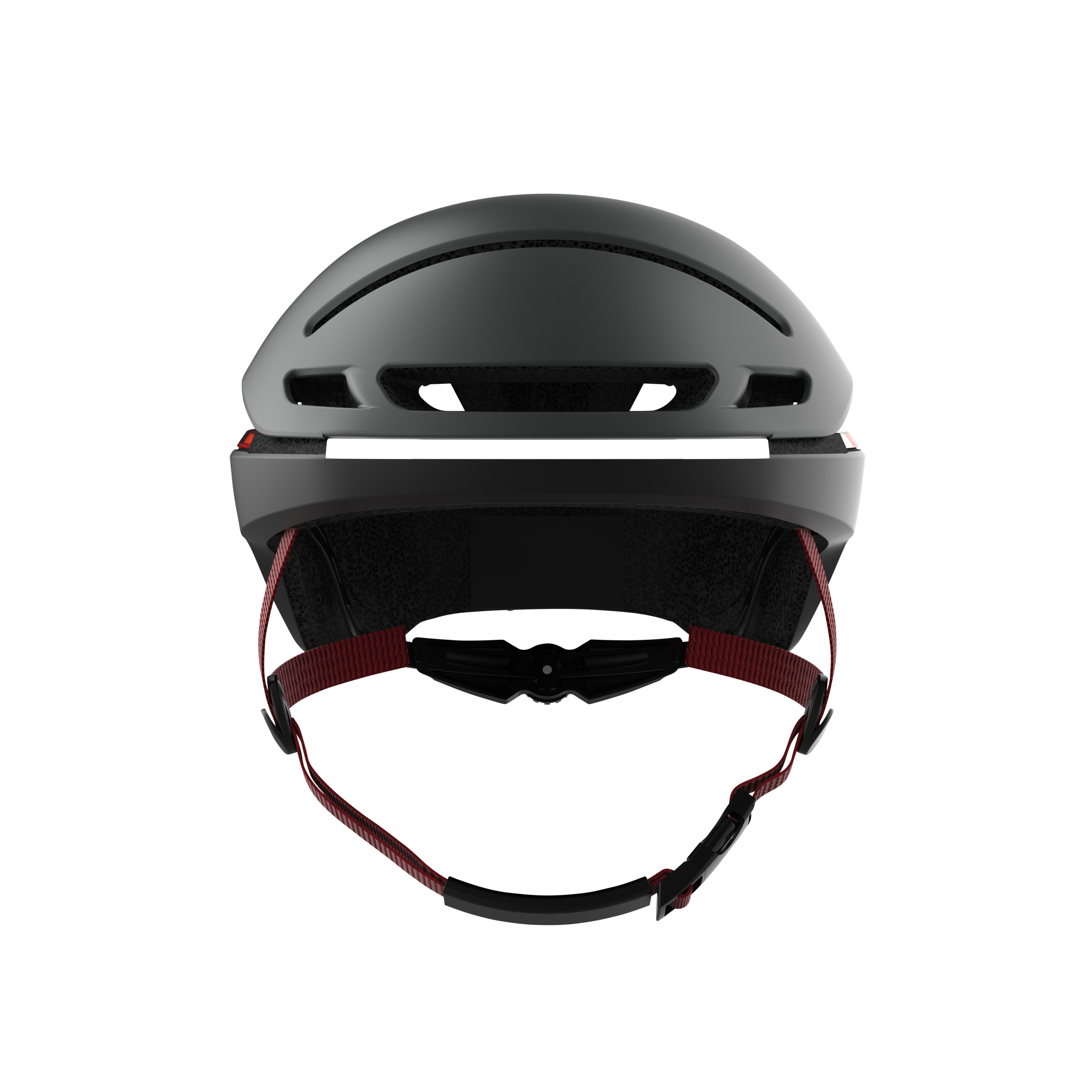 Ein dunkelgrauer Fahrradhelm mit roten und schwarzen Riemen, von oben gesehen.