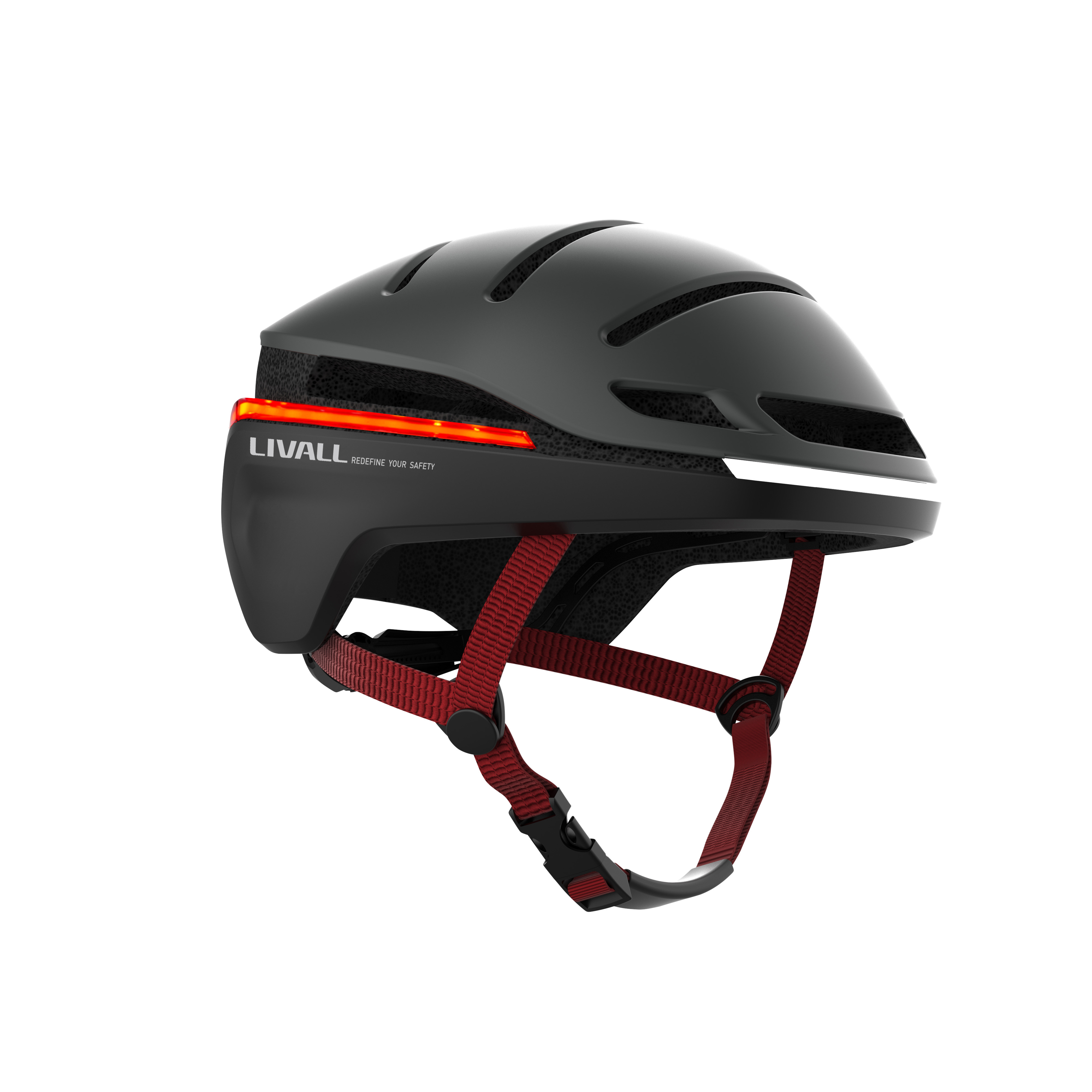 Schwarzer Fahrradhelm mit rotem Lichtstreifen am Rücken und roten Riemen.