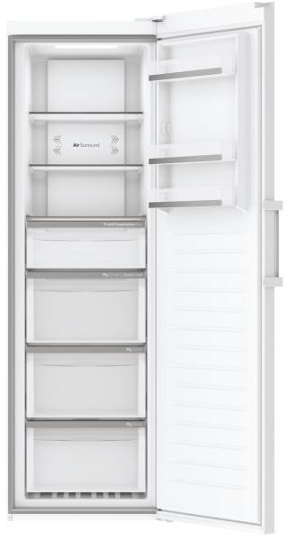 Frigorifero bianco con la porta aperta, che mostra ripiani e cassetti.
