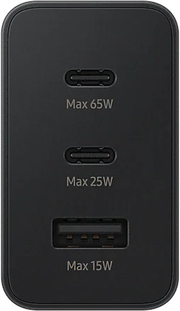 Black charger with 3 USB-C ports and 1 USB-A port. Max 65W, 25W, and 15W are labeled.