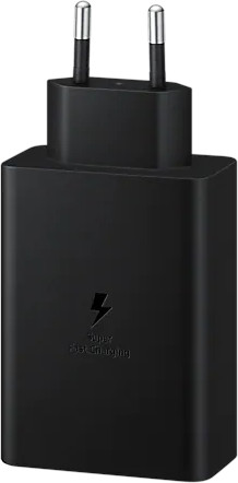 Black Samsung charger with a lightning bolt symbol and two silver prongs.