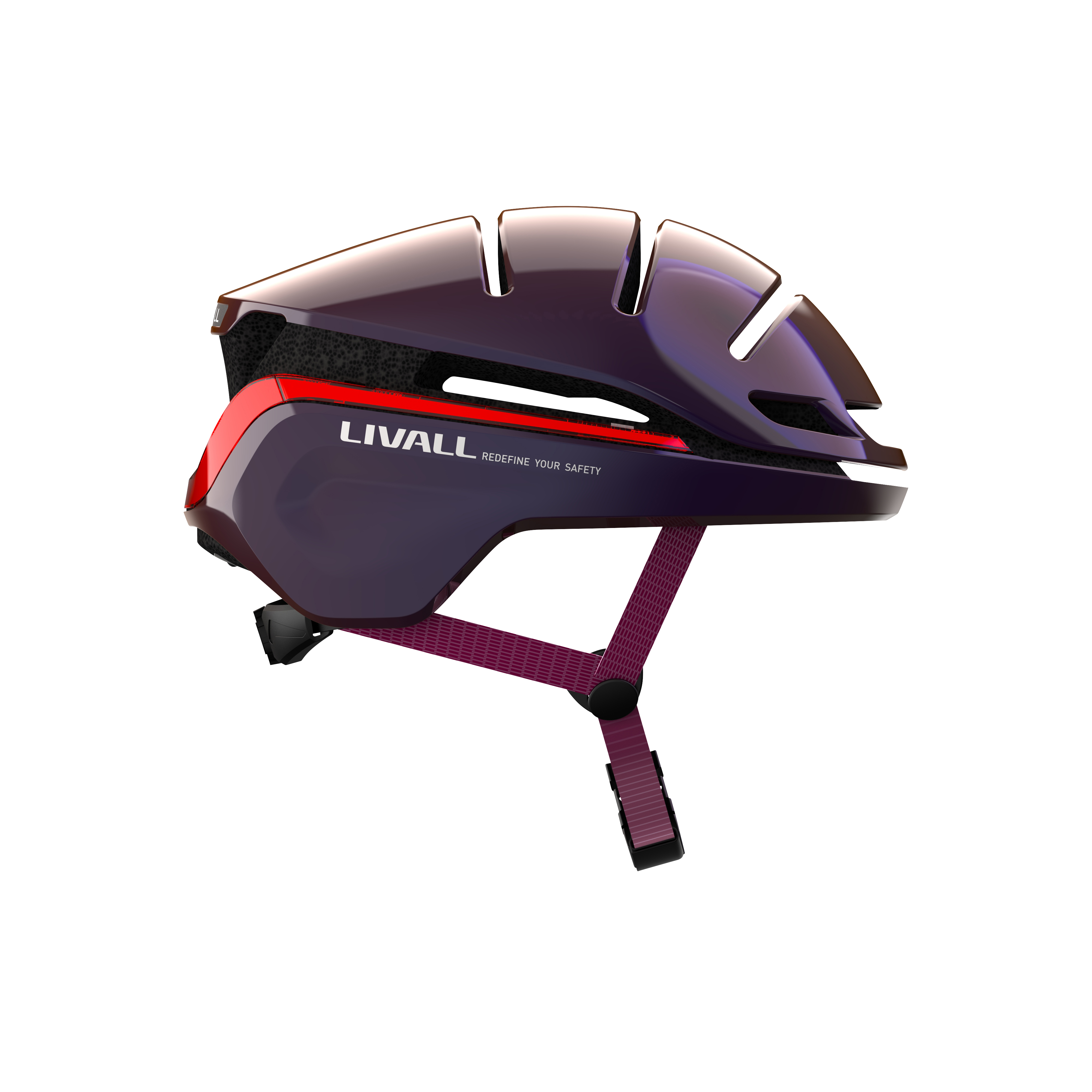 Lila und roter Fahrradhelm mit Riemen und Design.