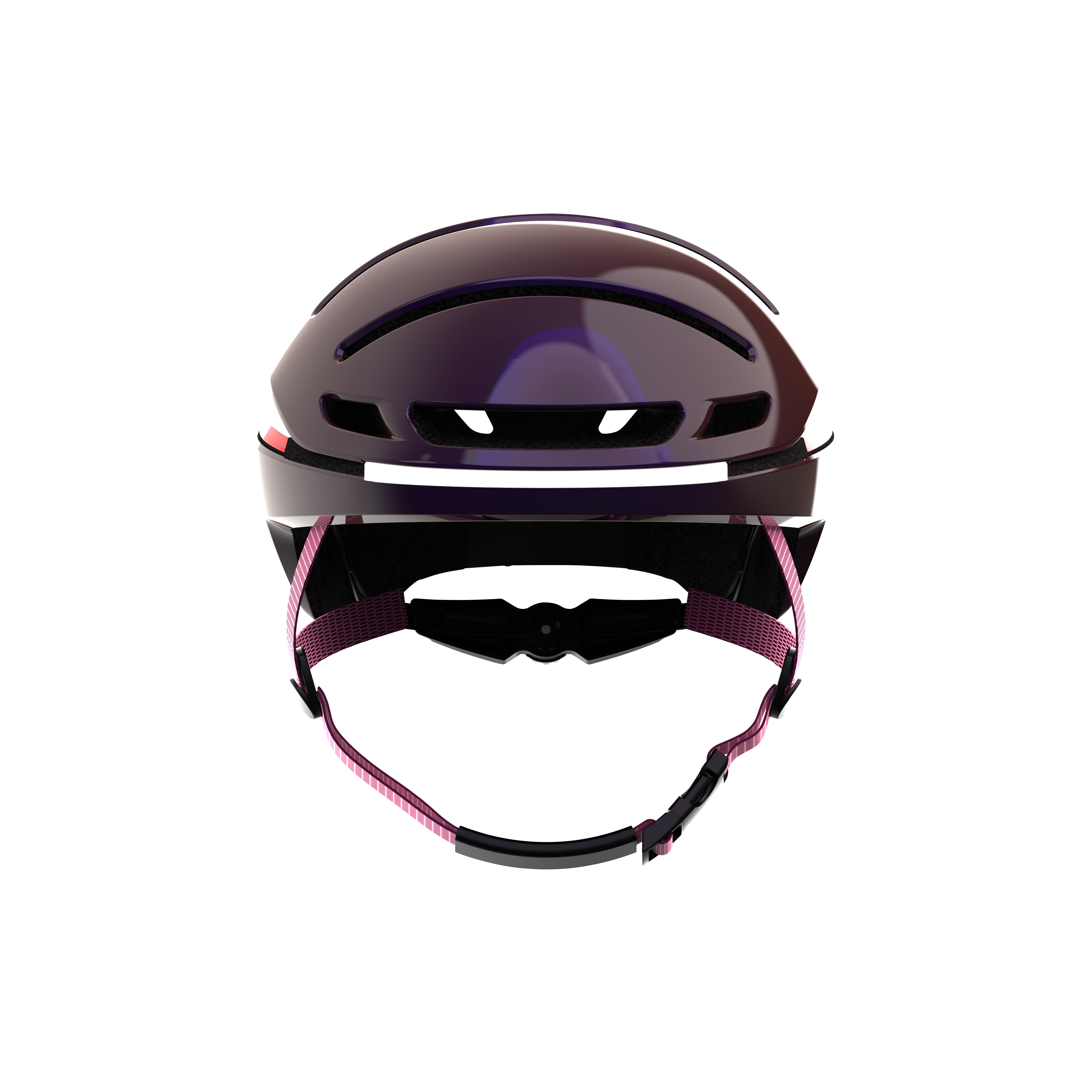 Dunkelvioletter Fahrradhelm mit rosa Riemen und rotem Licht. Weißer Hintergrund.