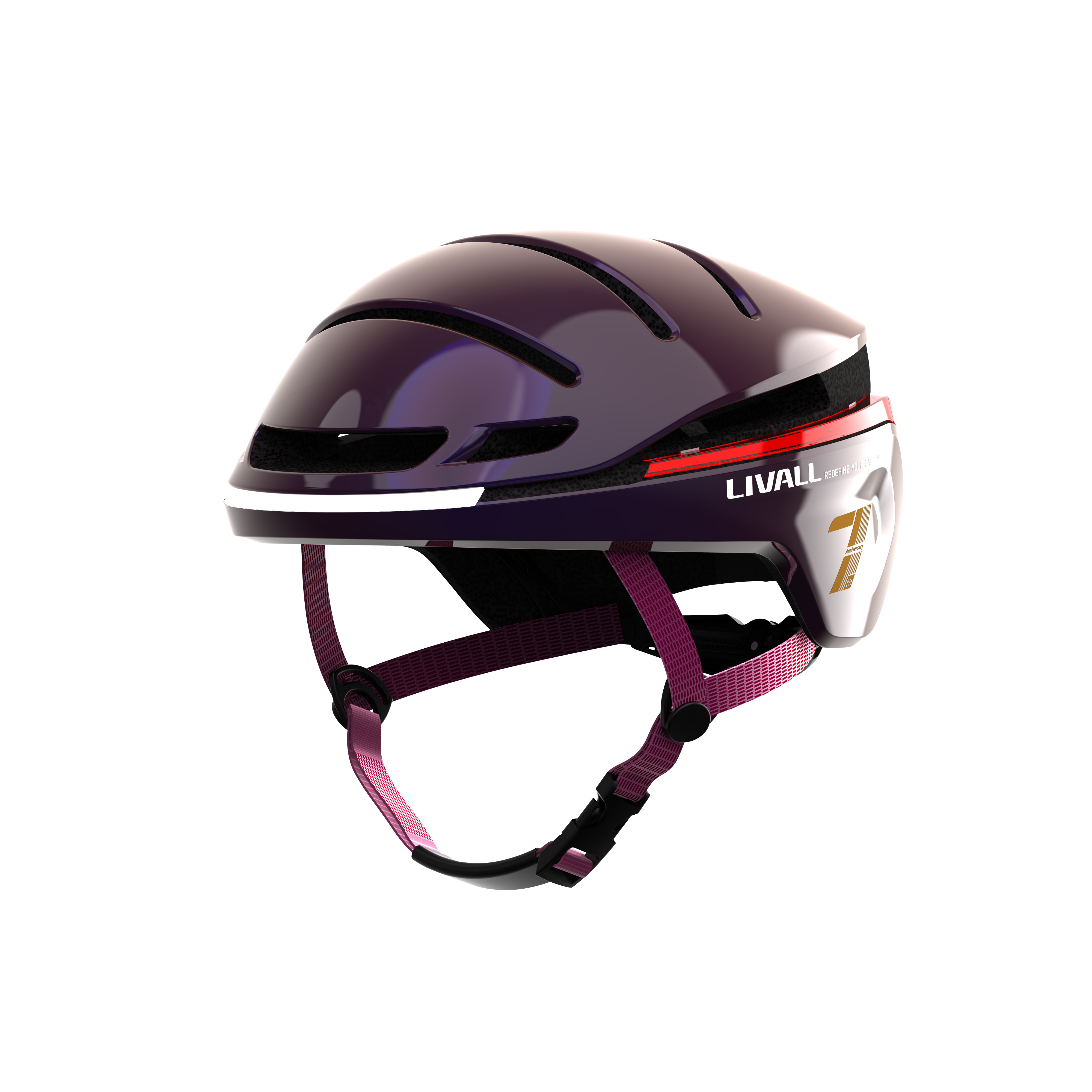 Lila-weißer Fahrradhelm mit roten Akzenten. LIVALL-Marke sichtbar.