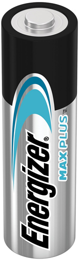 Eine Energizer Max Plus AA-Batterie mit silbernem und schwarzem Design.
