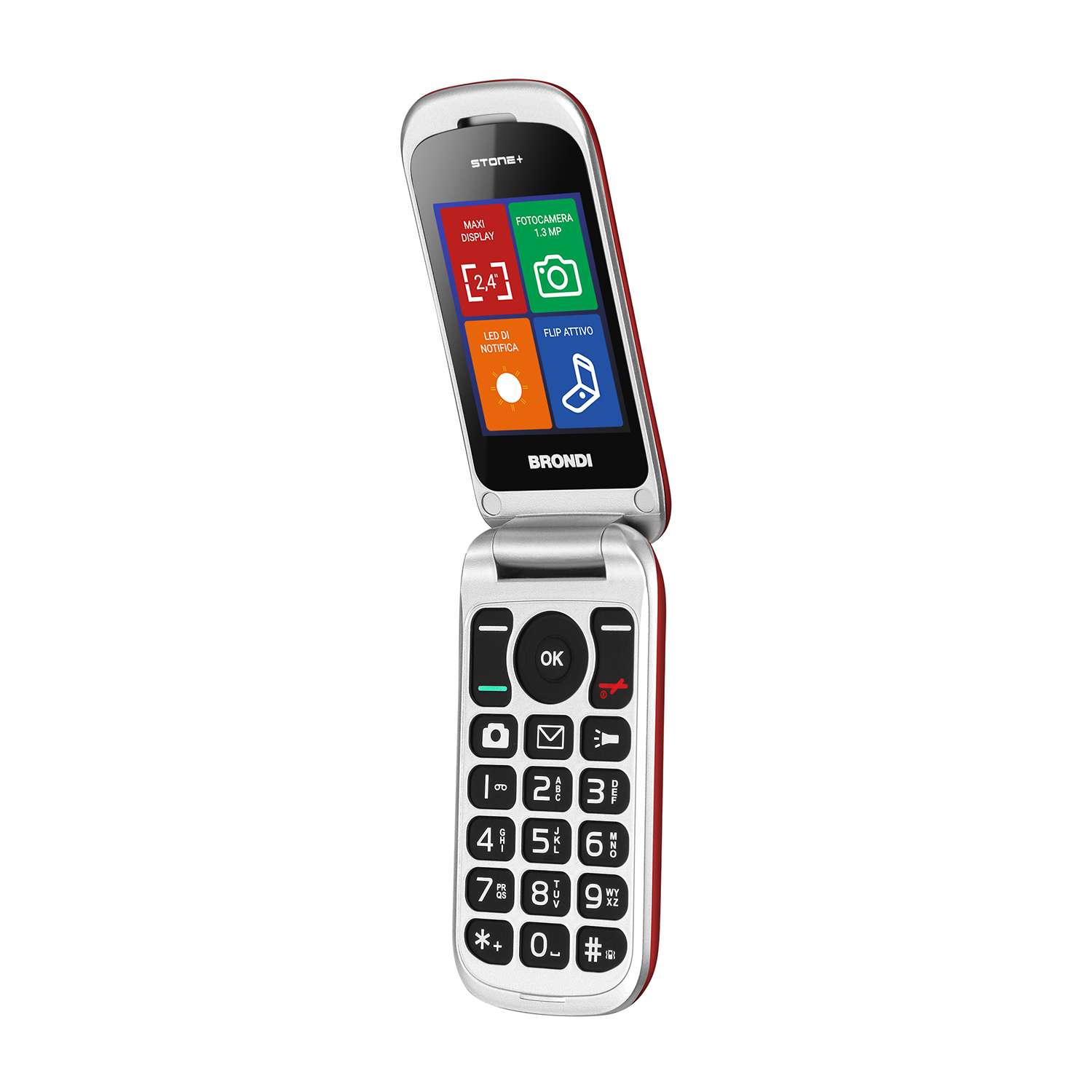 Telefono a conchiglia bianco e rosso, aperto, con icone.