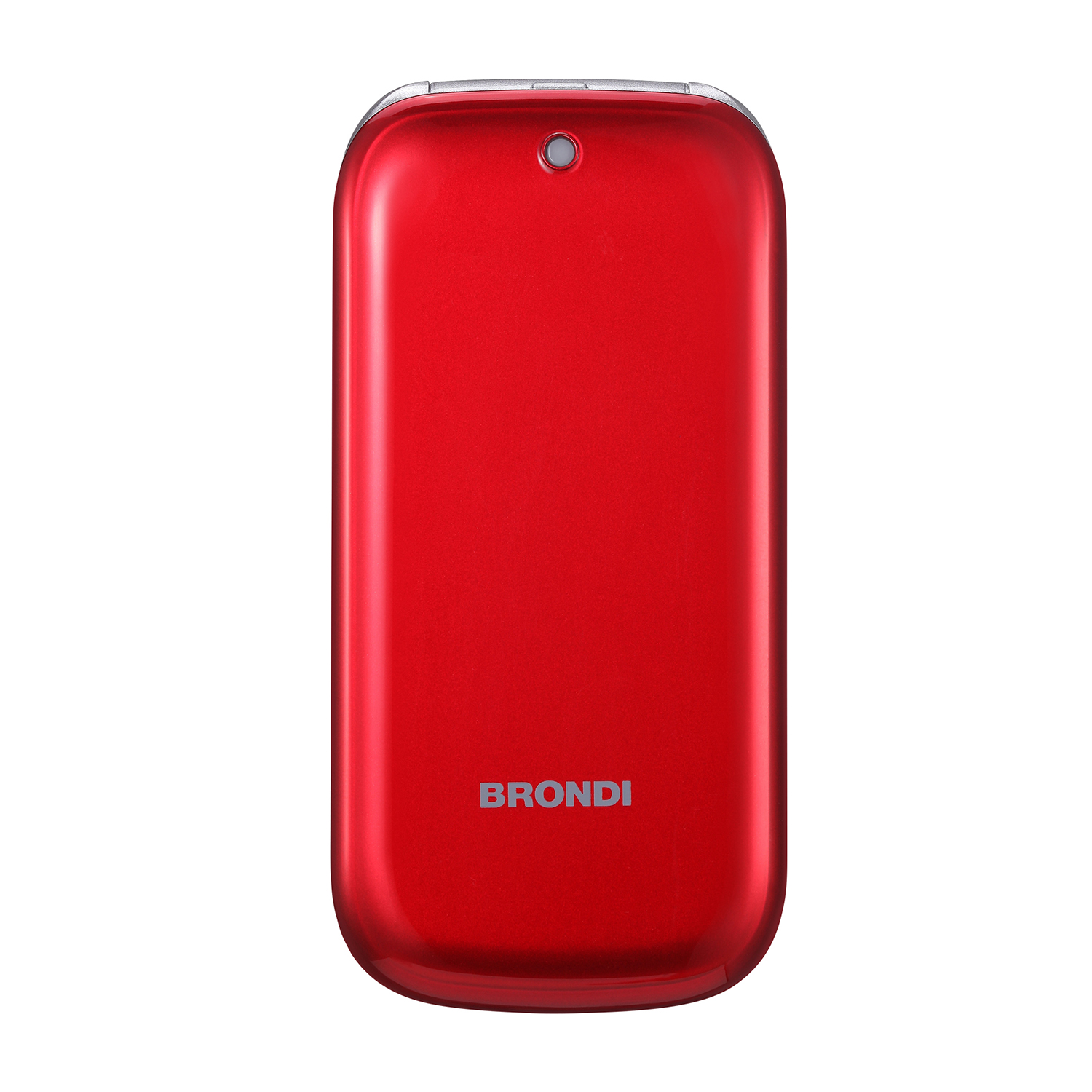 Telefono BRONDI rosso, finitura lucida, lente singola. Il marchio è scritto sotto la lente.