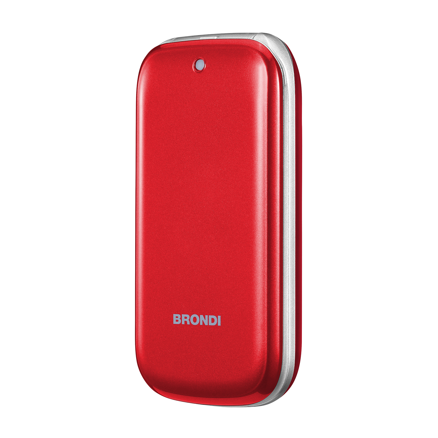 Cellulare rosso, chiuso, con finiture argentate. Marca: Brondi. Design elegante. Sfondo bianco.