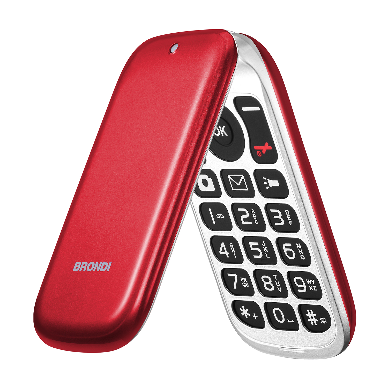 Un telefono a conchiglia Brondi rosso, aperto, con tasti grandi, su sfondo bianco.