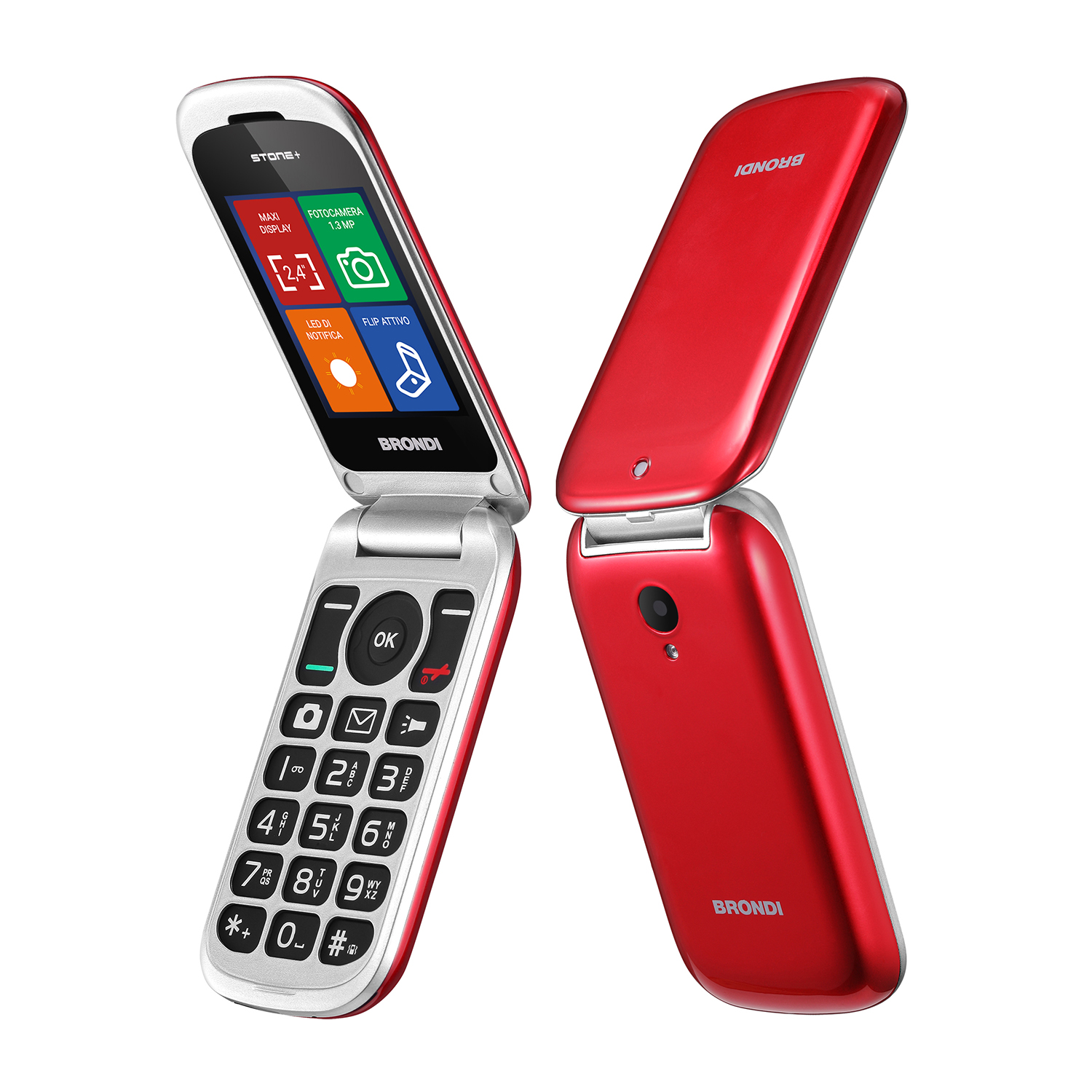 Telefono a conchiglia rosso e bianco aperto, con icone sullo schermo e tastiera sotto.