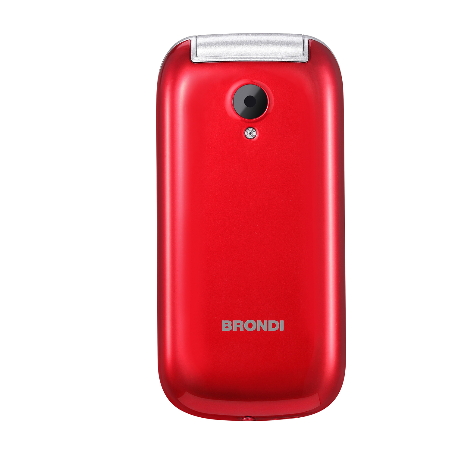 Telefono a conchiglia rosso con cerniera argentata. Ha una fotocamera sul davanti.