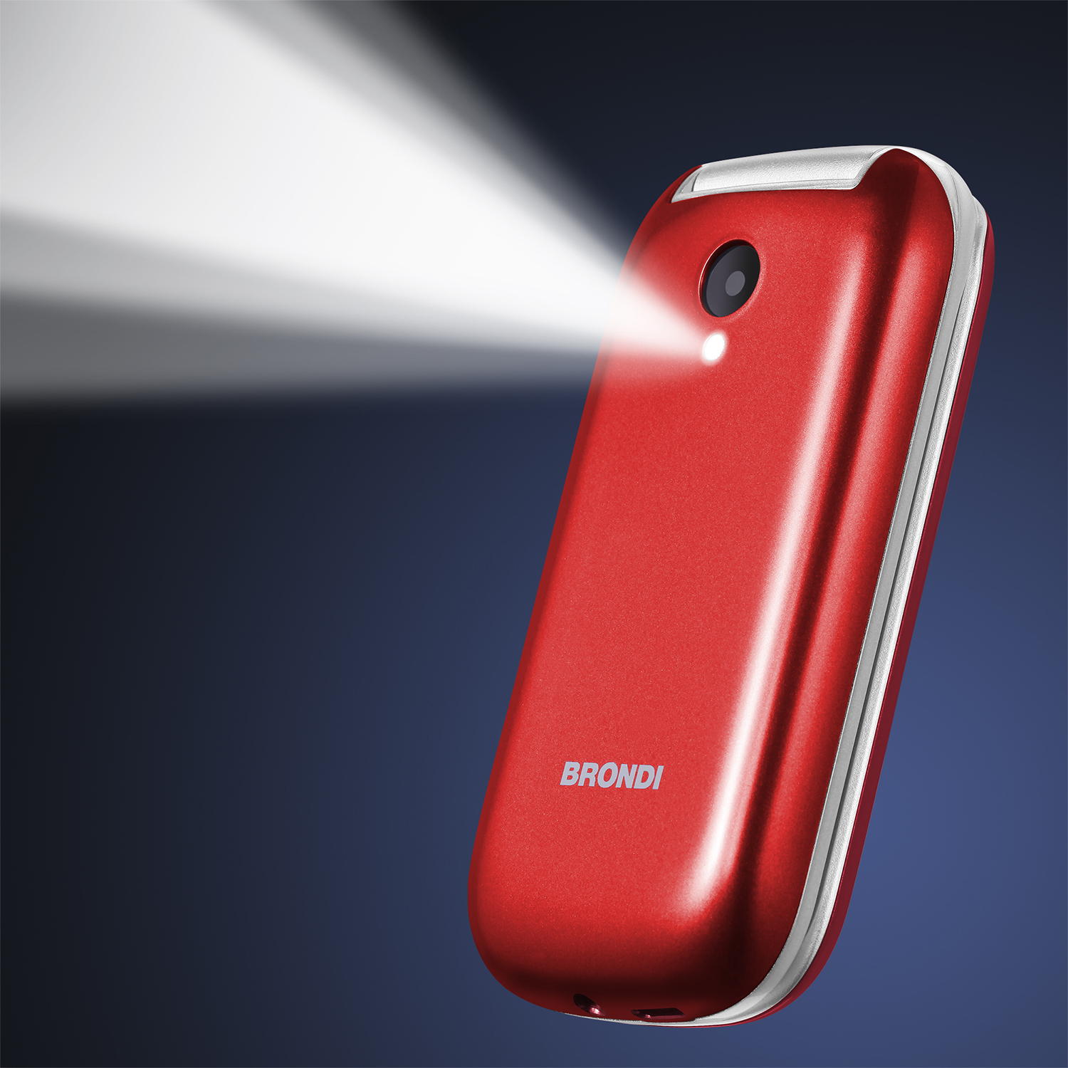 Un telefono a conchiglia rosso con un fascio di torcia che brilla a sinistra su uno sfondo blu.