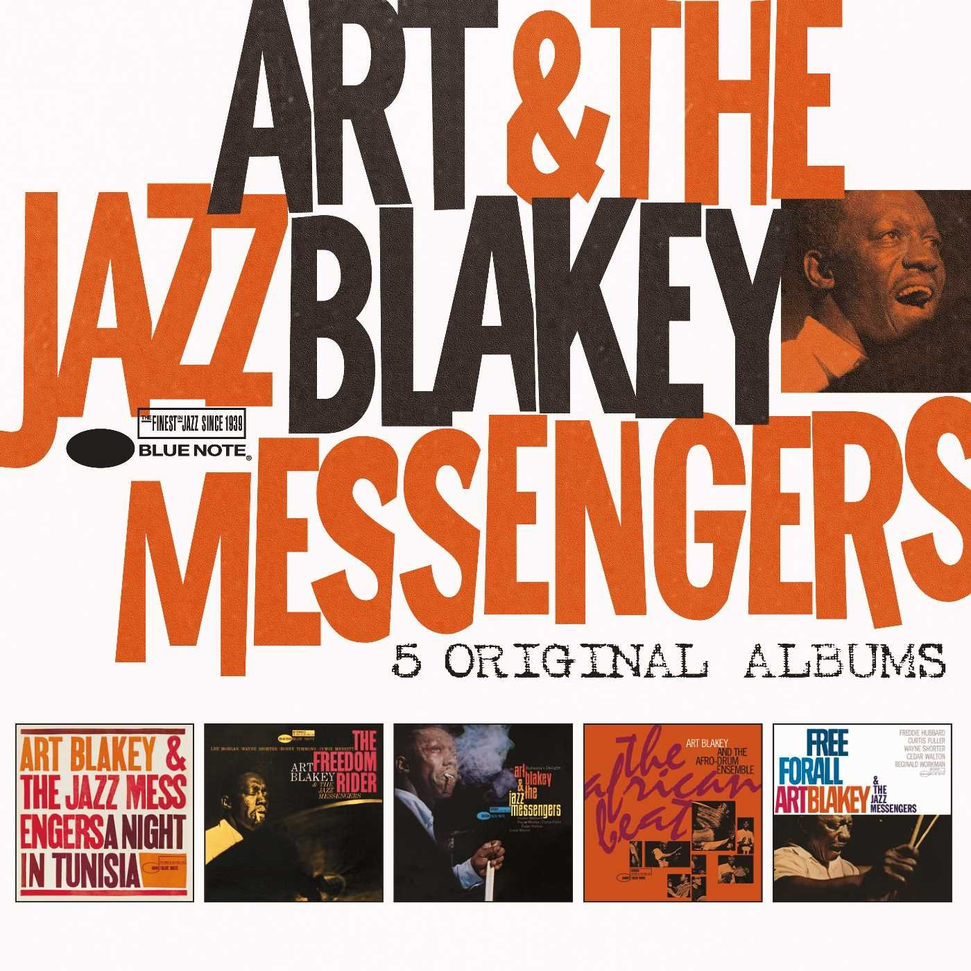 Album borító narancssárga és fekete szöveggel: Art Blakey & The Jazz Messengers. Több albumborító alul.