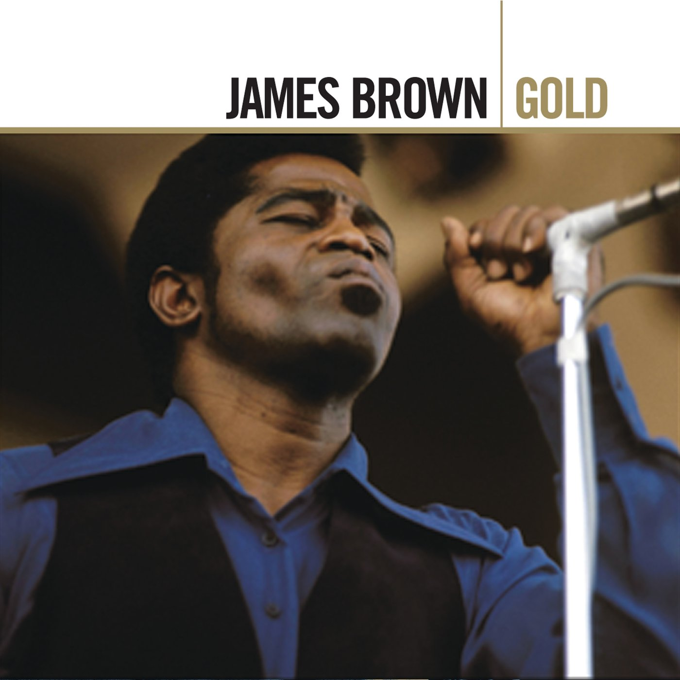 James Brown egy arany album borítón. Mikrofonba énekel, kék inget és fekete mellényt visel.
