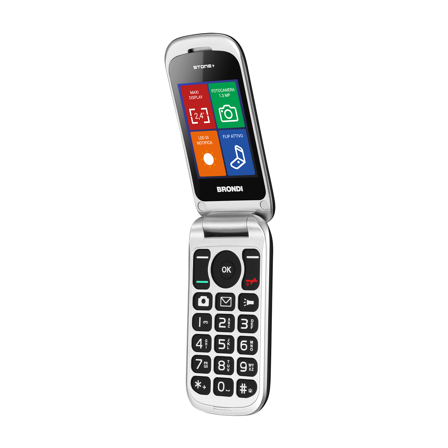 Un telefono a conchiglia bianco e argento, aperto, che mostra lo schermo e la tastiera. Lo schermo mostra testo.