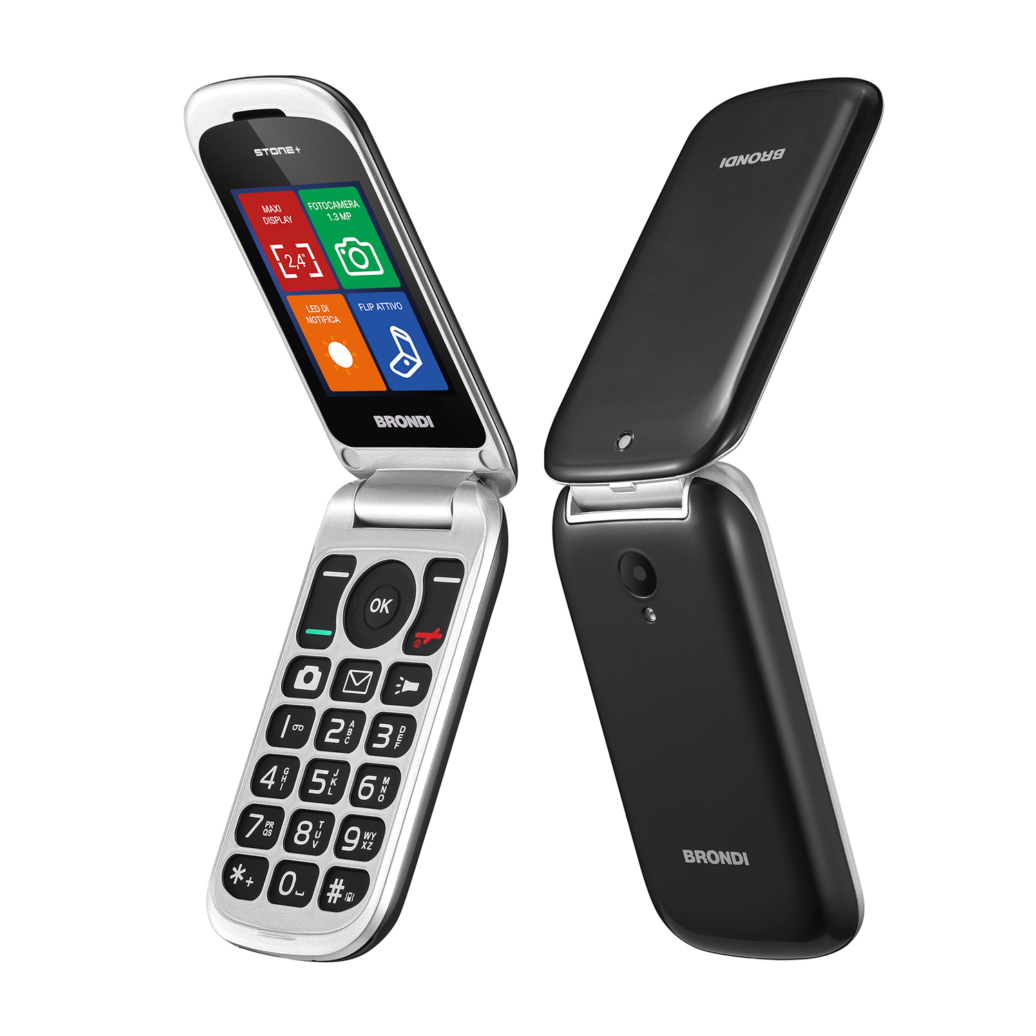 Telefono a conchiglia aperto in argento e nero con tastierino e display con icone.