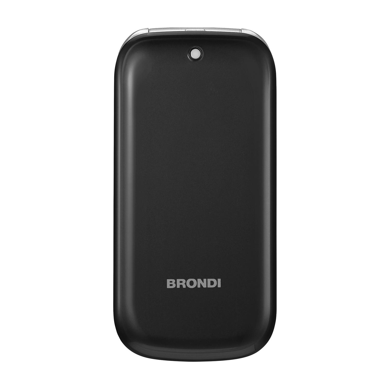 Viene mostrato un telefono a conchiglia nero, con il marchio 'BRONDI' in basso.