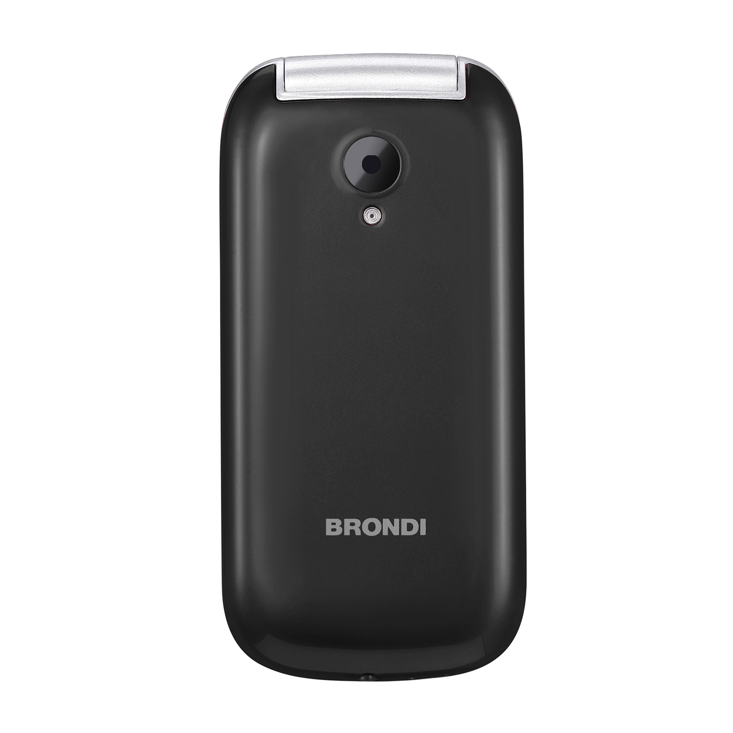 Un telefono a conchiglia Brondi nero, chiuso. Ha una fotocamera e una cerniera argentata.