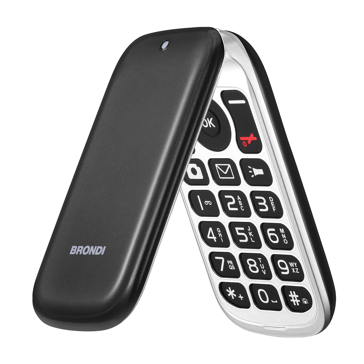 Telefono a conchiglia nero e argento con tastierino numerico ed etichetta Brondi.