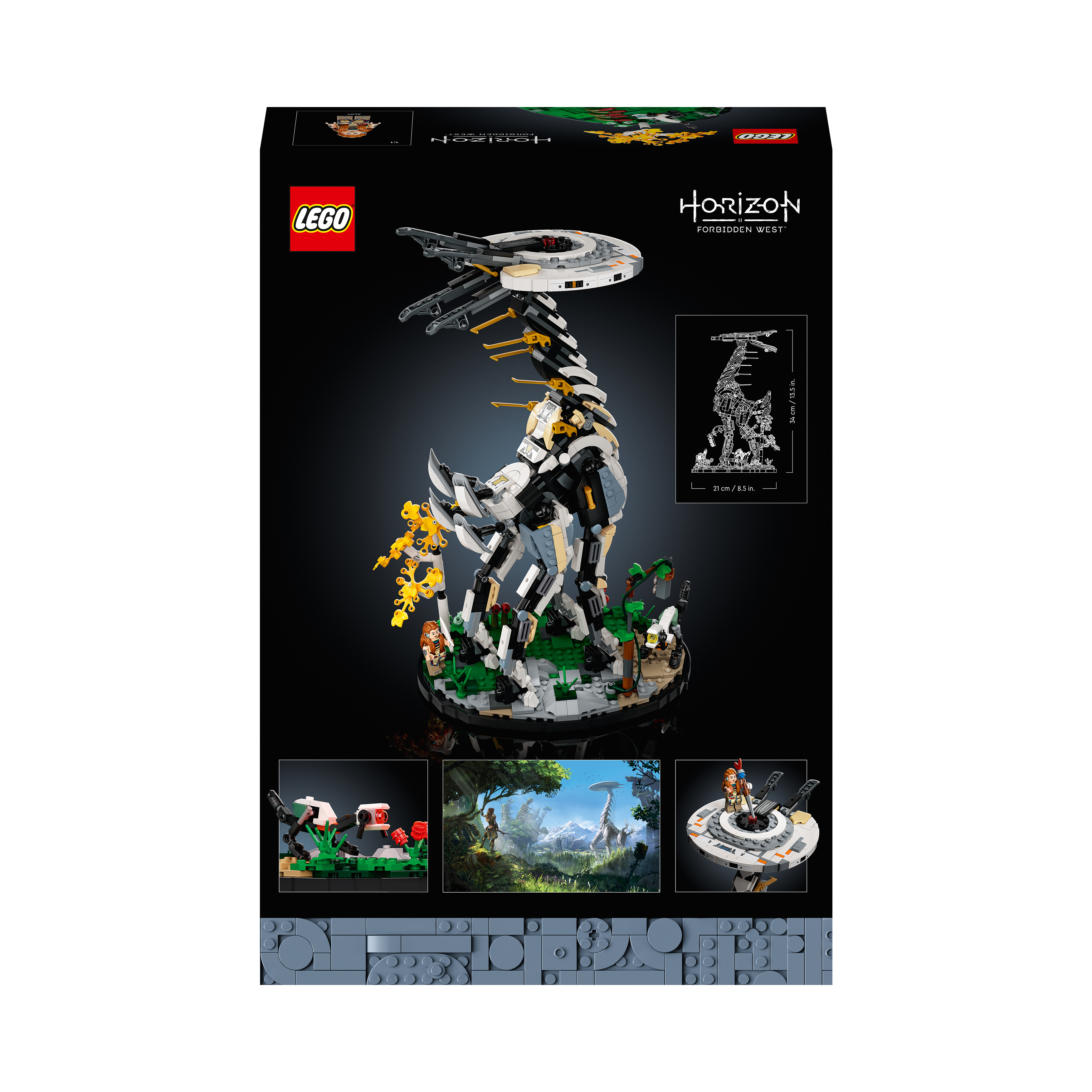 Lego-Set-Box mit einem weißen mechanischen Tier mit Plattform sowie eingebetteten Spielbildern.