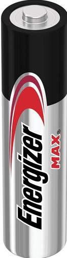 Batteria Energizer Max AA, nera e argento con etichetta rossa e bianca.
