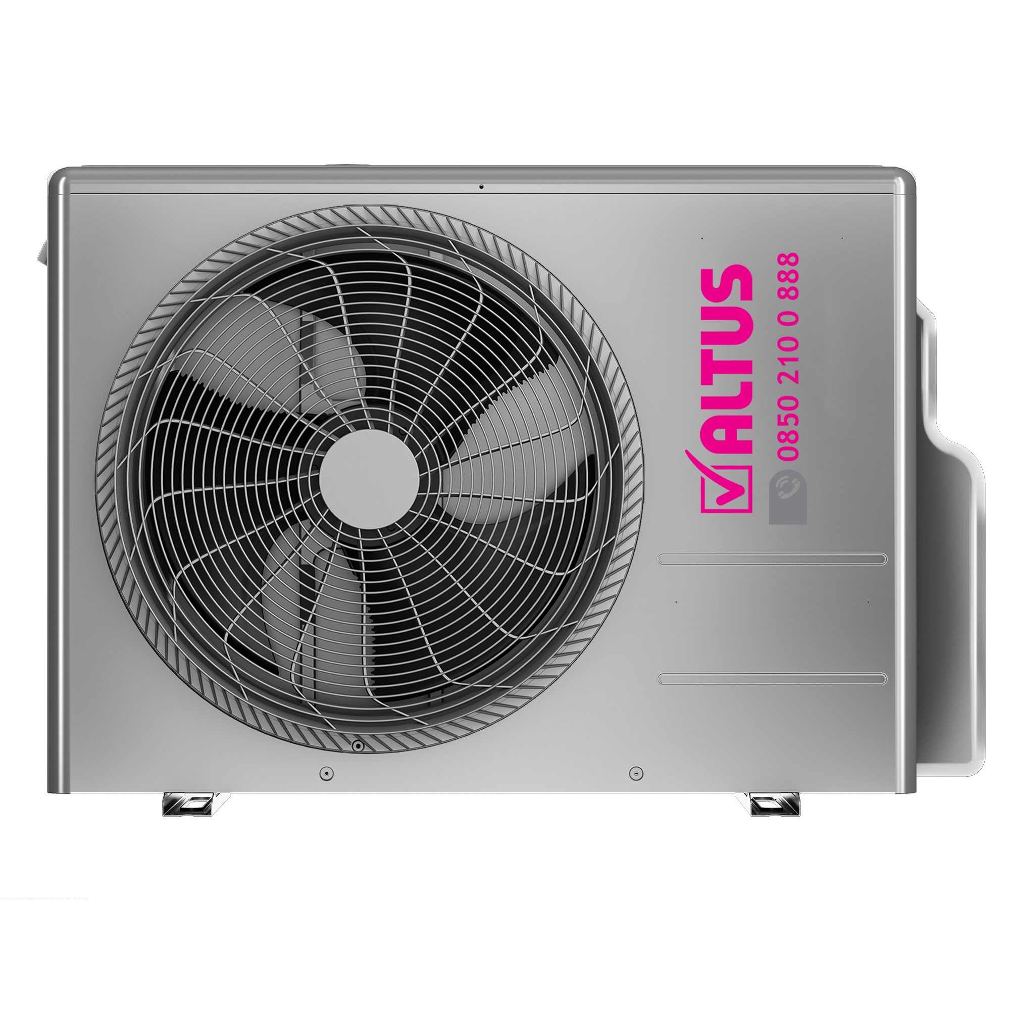 Gümüş klima, fan görünür, pembe logo.