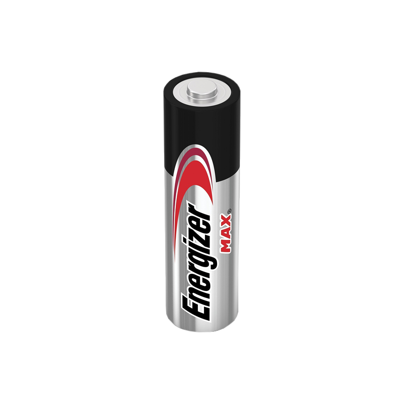 Une seule pile AA Energizer Max, argent et noir, sur fond noir.
