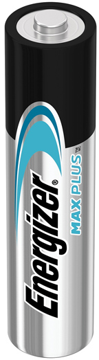Batteria Energizer Max Plus AA, parte superiore nera, corpo argentato, etichetta bianca.
