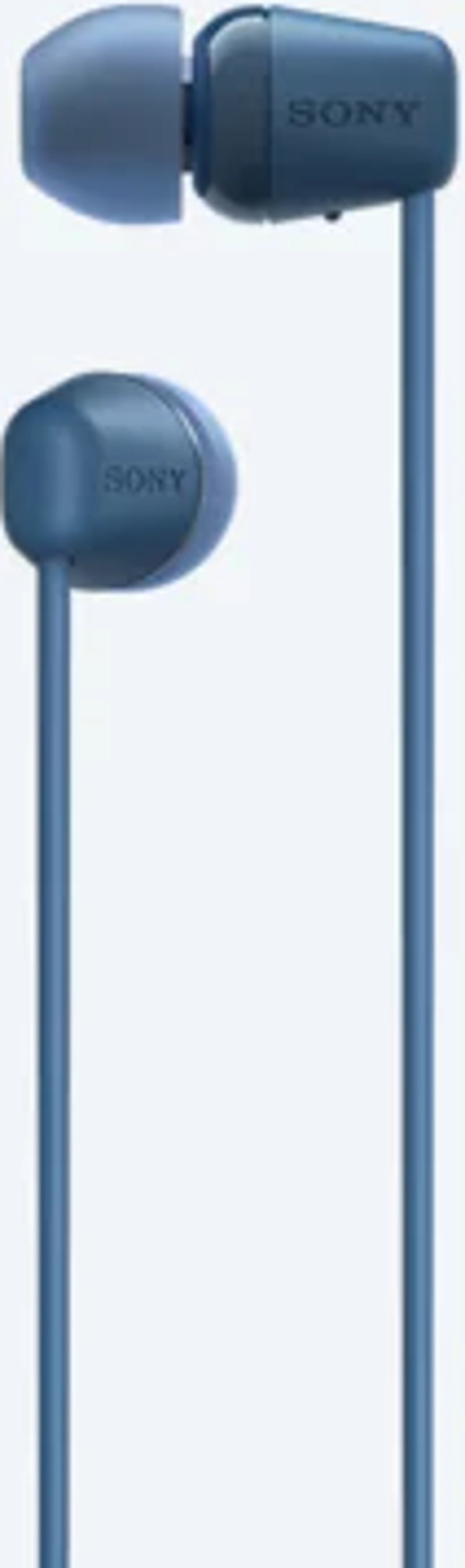 Blaue Sony-Ohrhörer mit hellblauem Kabel.