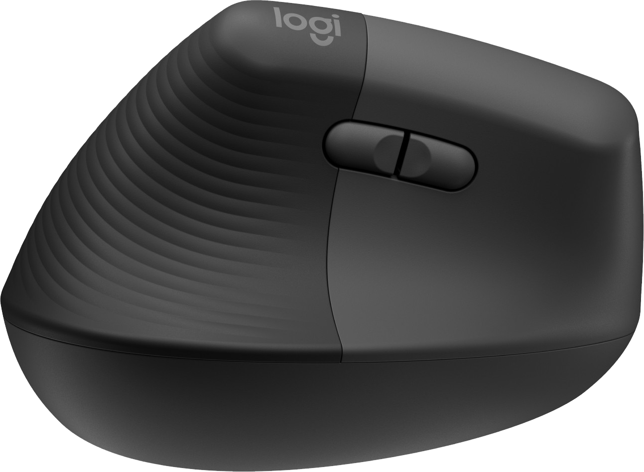 Egy fekete, függőleges, ergonomikus egér ívelt dizájnnal és két gombbal. Van rajta egy logi logó.