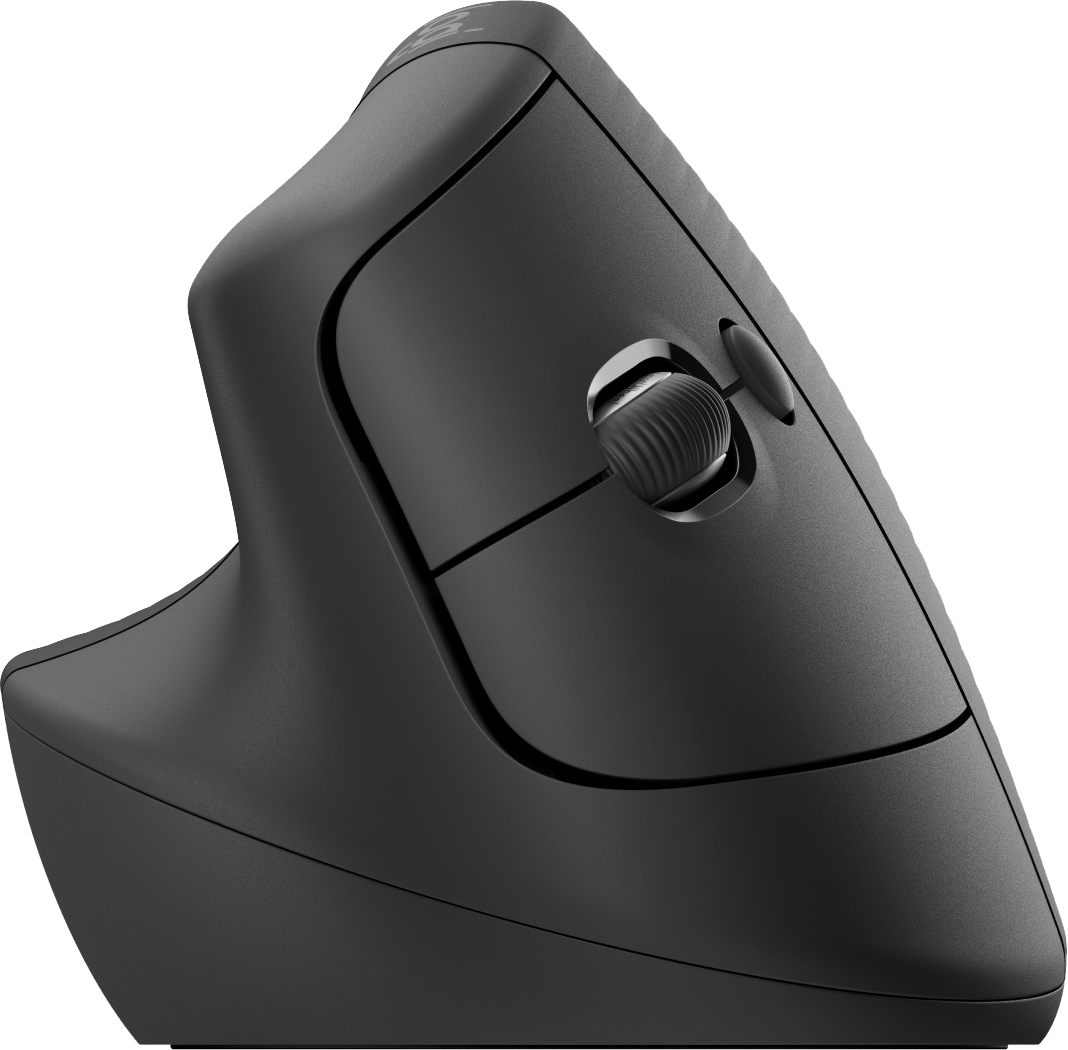Fekete függőleges ergonomikus egér görgetőkerékkel és gombokkal.