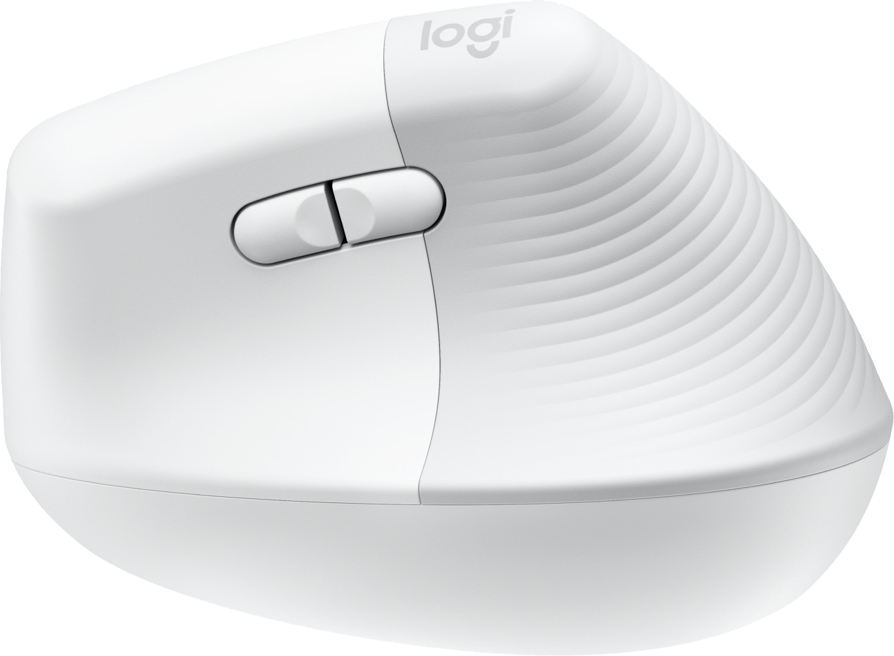 Fehér ergonomikus egér két gombbal és görgetőkerékkel, tetején a Logi logóval.