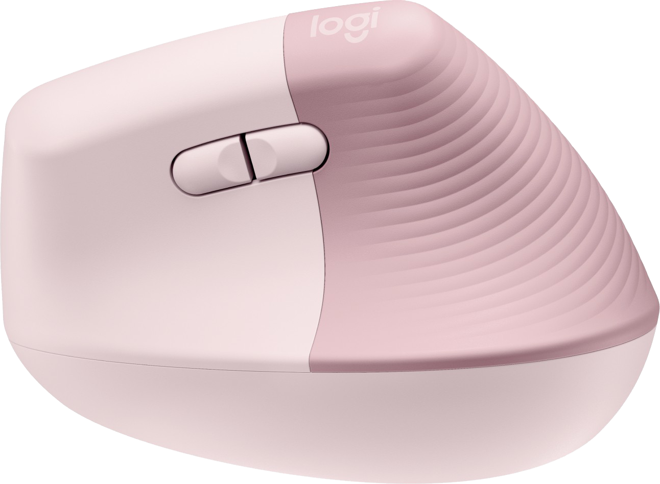 Rózsaszín Logitech ergonomikus egér két gombbal és görgővel fehér háttéren.
