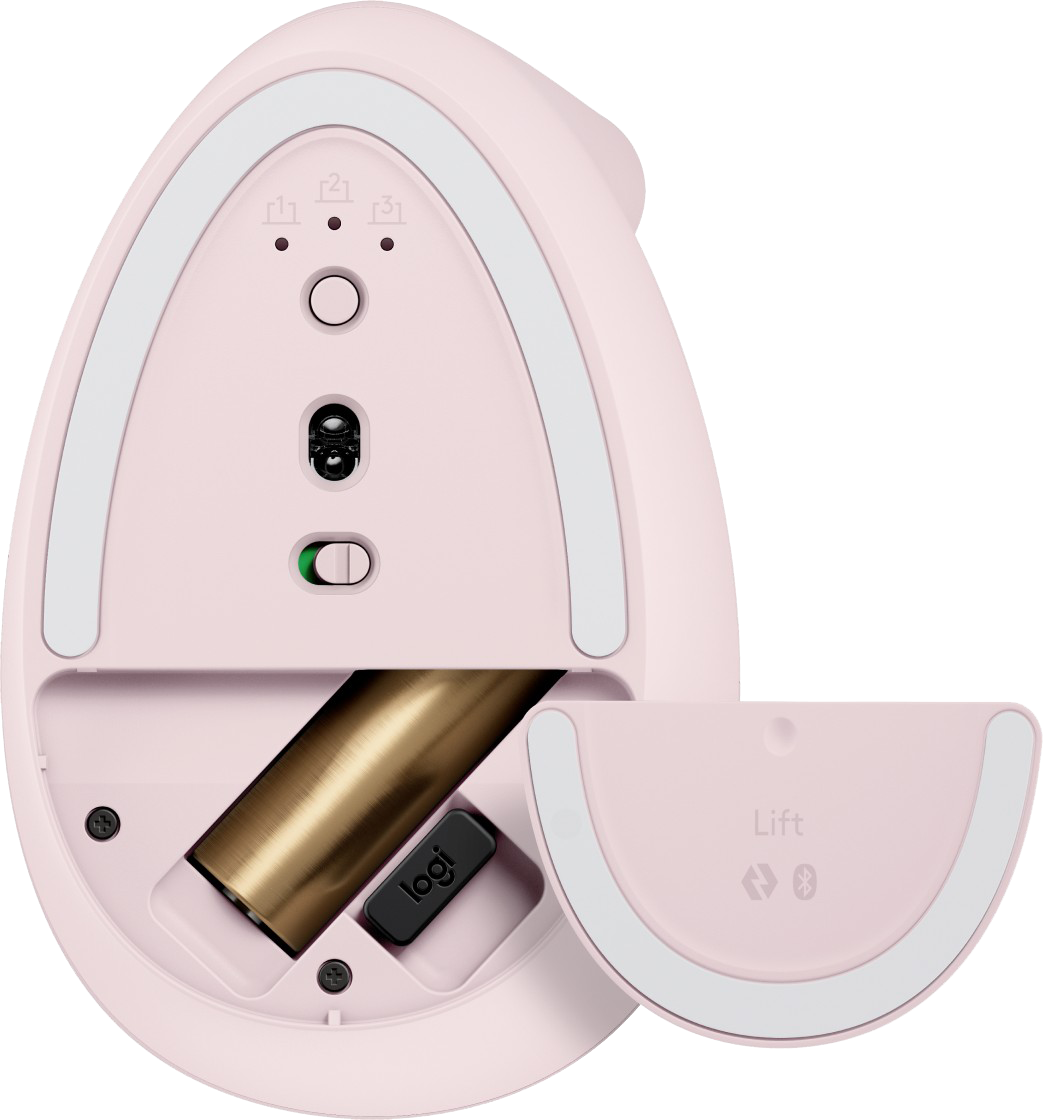 Rózsaszín Logitech Lift egér, alulnézet. Az elemtartó, az elem és a Bluetooth szimbólum látható.